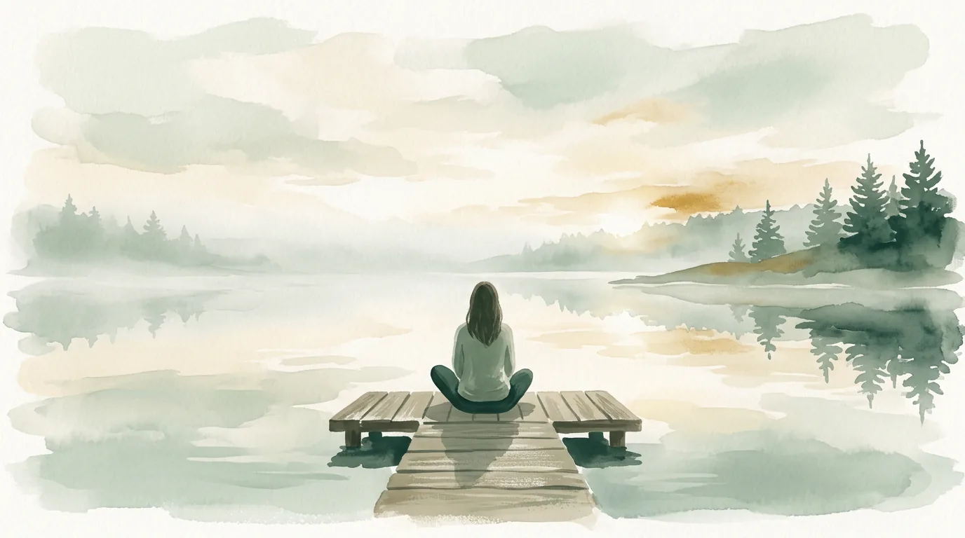 Ilustração em aquarela do ciclo 3, Saúde Emocional e Mindset: uma pessoa sentada num píer, diante de um lago calmo com neblina