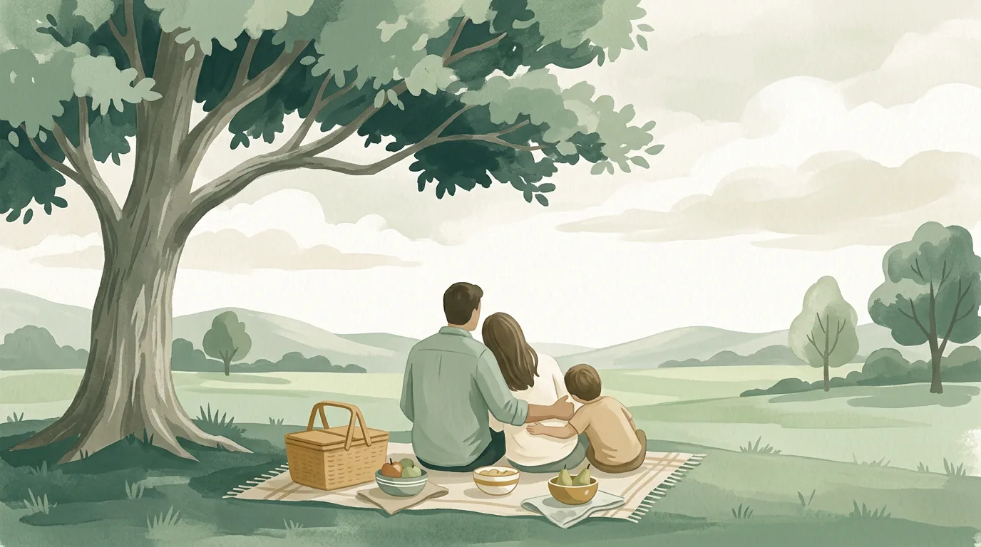 Ilustração em aquarela do ciclo 8, Família e Estrutura do Lar: uma família fazendo piquenique sob uma árvore