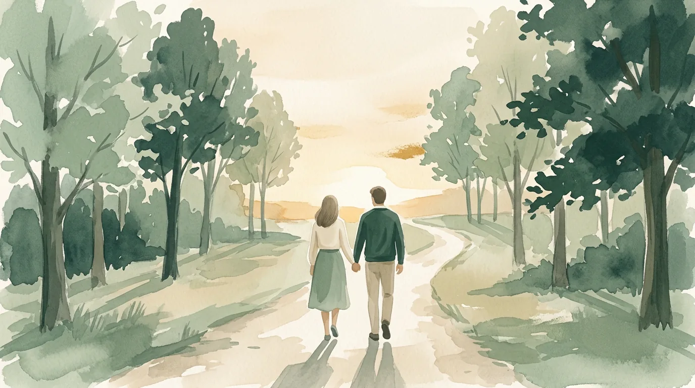 Ilustração em aquarela do ciclo 9, Relacionamento Amoroso: um casal de mãos dadas caminhando por um caminho entre árvores ao entardecer