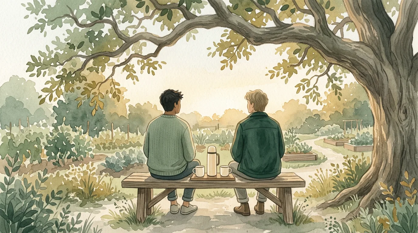 Ilustração em aquarela do ciclo 10, Vida Social e Comunidade: dois amigos sentados num banco sob uma árvore, com uma garrafa térmica e duas xícaras