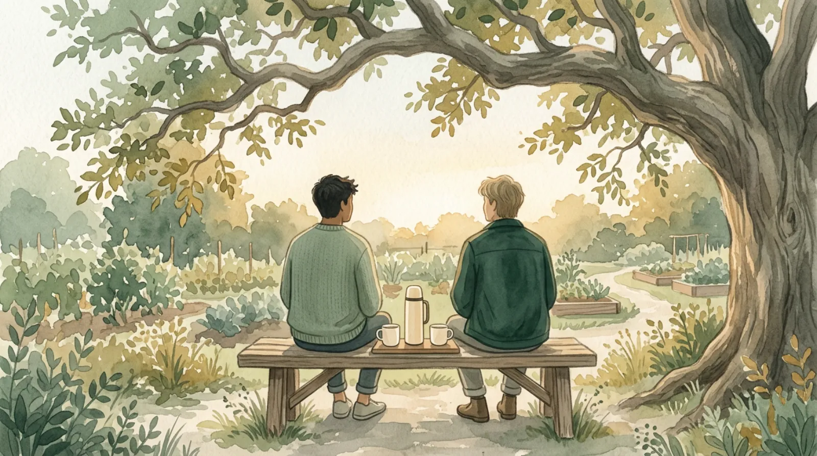 Ilustração em aquarela de dois amigos sentados num banco, sob uma árvore, olhando um jardim