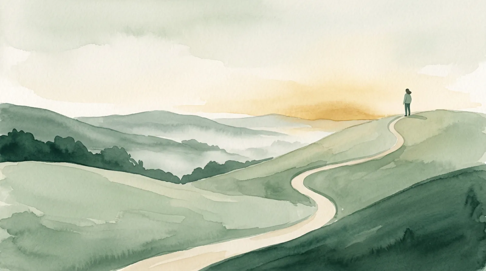 Ilustração em aquarela de um caminho entre colinas até um topo ao amanhecer, com uma pessoa olhando para trás